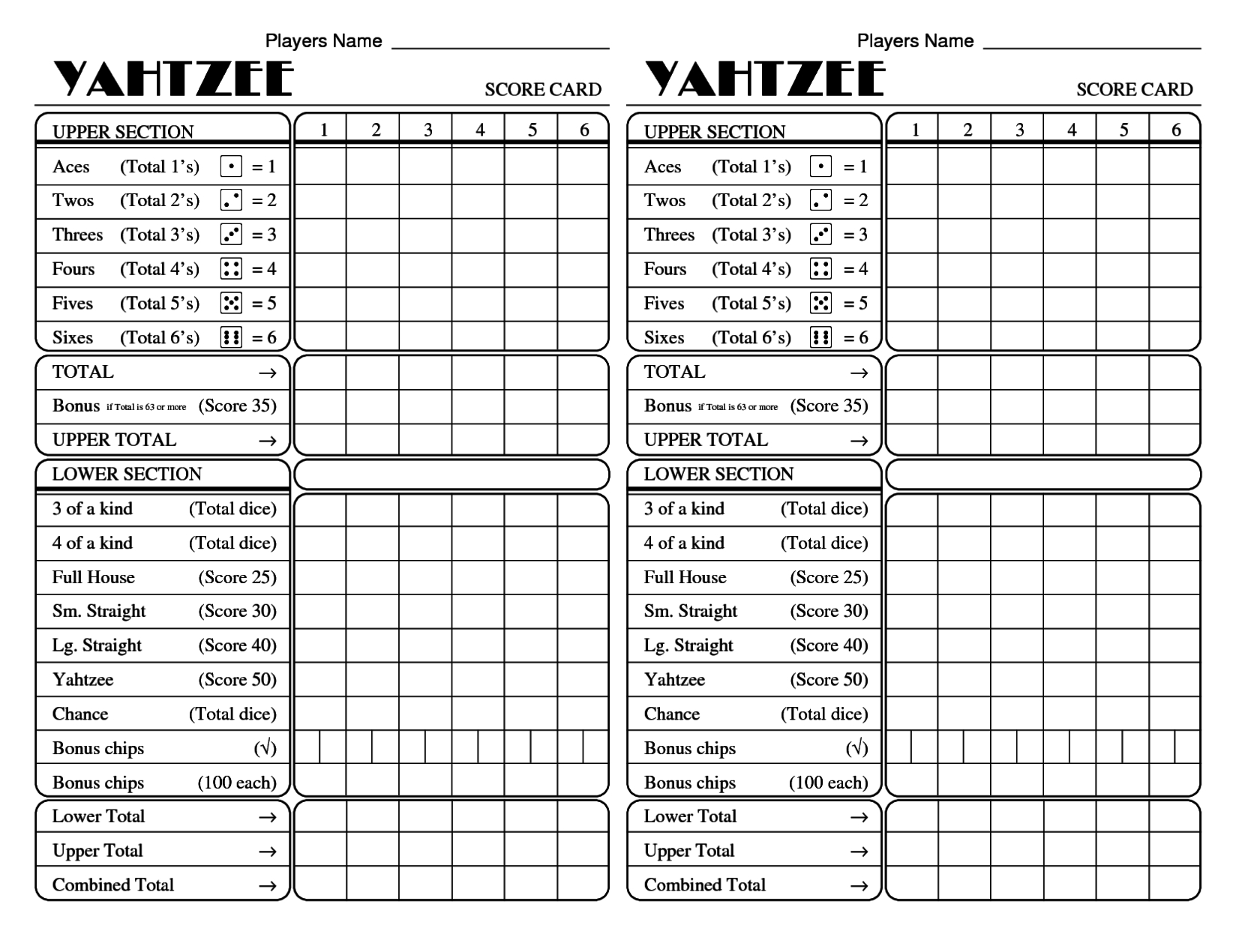 Yahtzee score sheet download