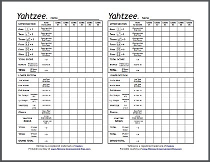 Free Yahtzee Score Sheets