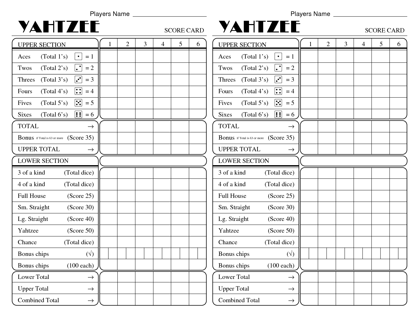 Yatzee Printable Score Sheets Yahtzee Score Card All For Fun 