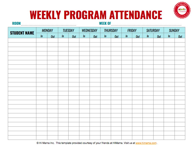 Attendance Record for Clubs, Church and Sunday School Attendance