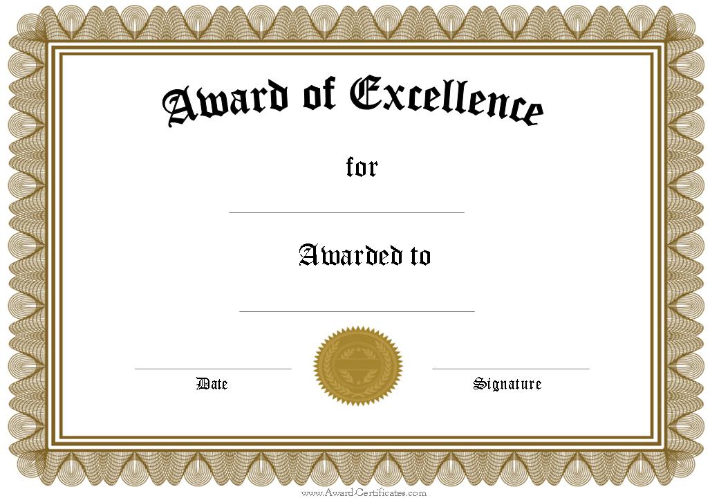 sample award certificates templates award of excellence 