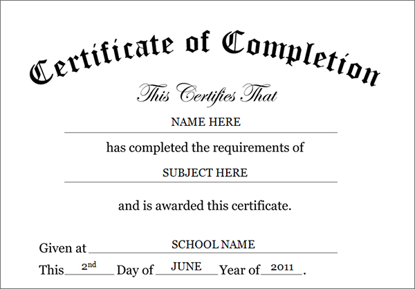 certificate of completion word template free printable 