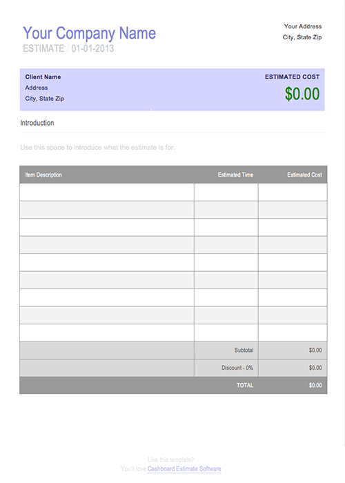 Job Estimate Template Free for Microsoft Word