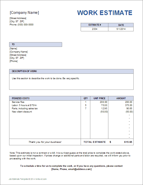 Job Estimate Template | Work Estimate