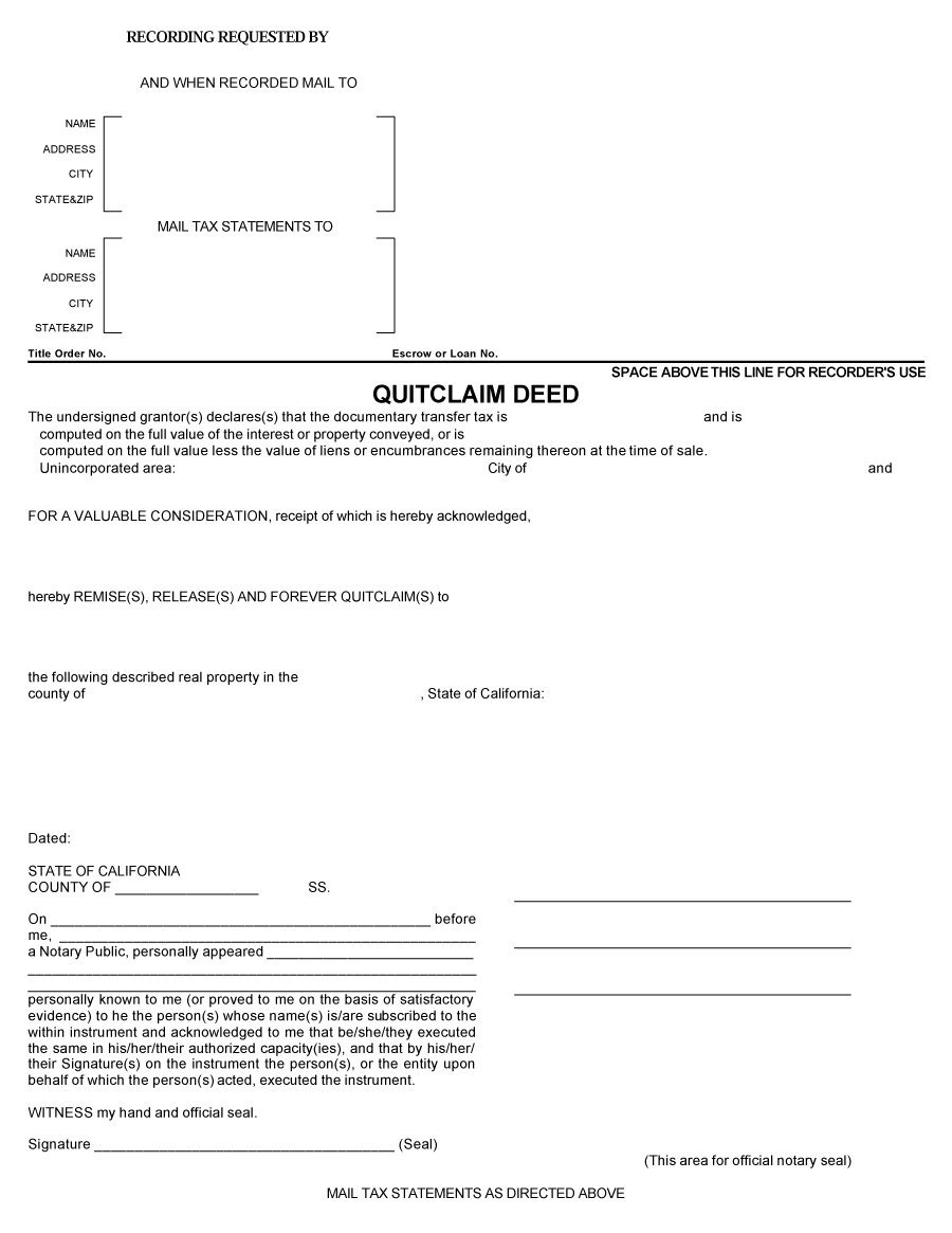 46 Free Quit Claim Deed Forms & Templates   Template Lab