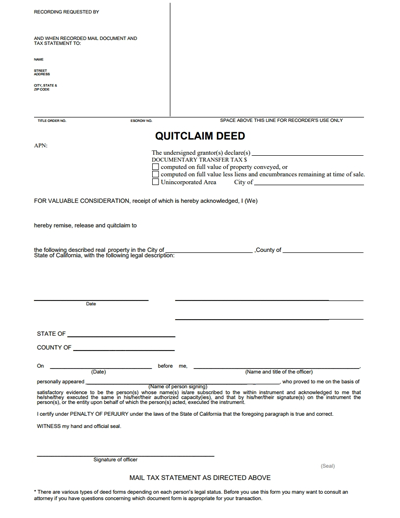 Quick Deed Form. Quitclaim Deed Printable Pdf Download Template 