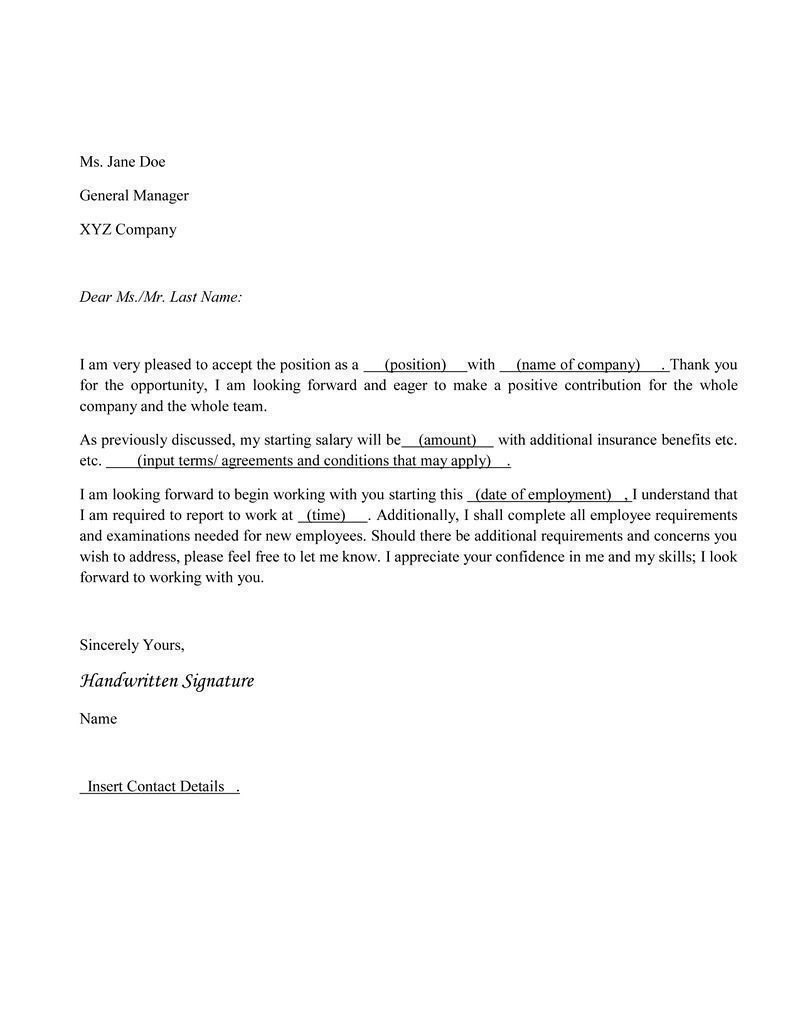job acceptance letter to employee Sample Employment Acceptance 