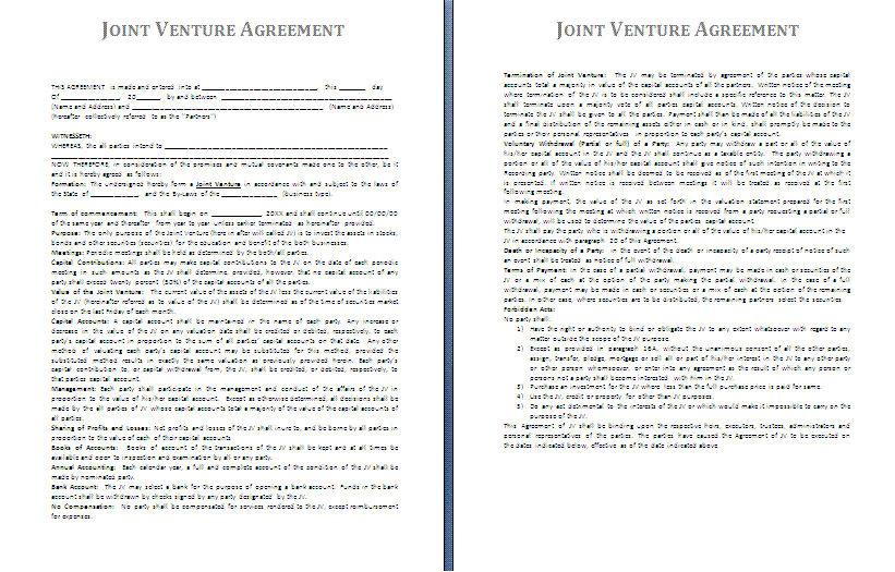 free joint venture agreement template 12 sample joint venture 