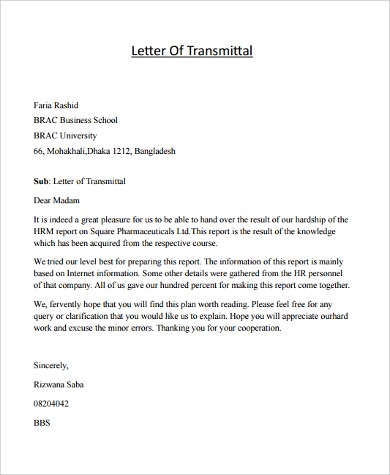 letter of transmittal example template sample format   Bank of 