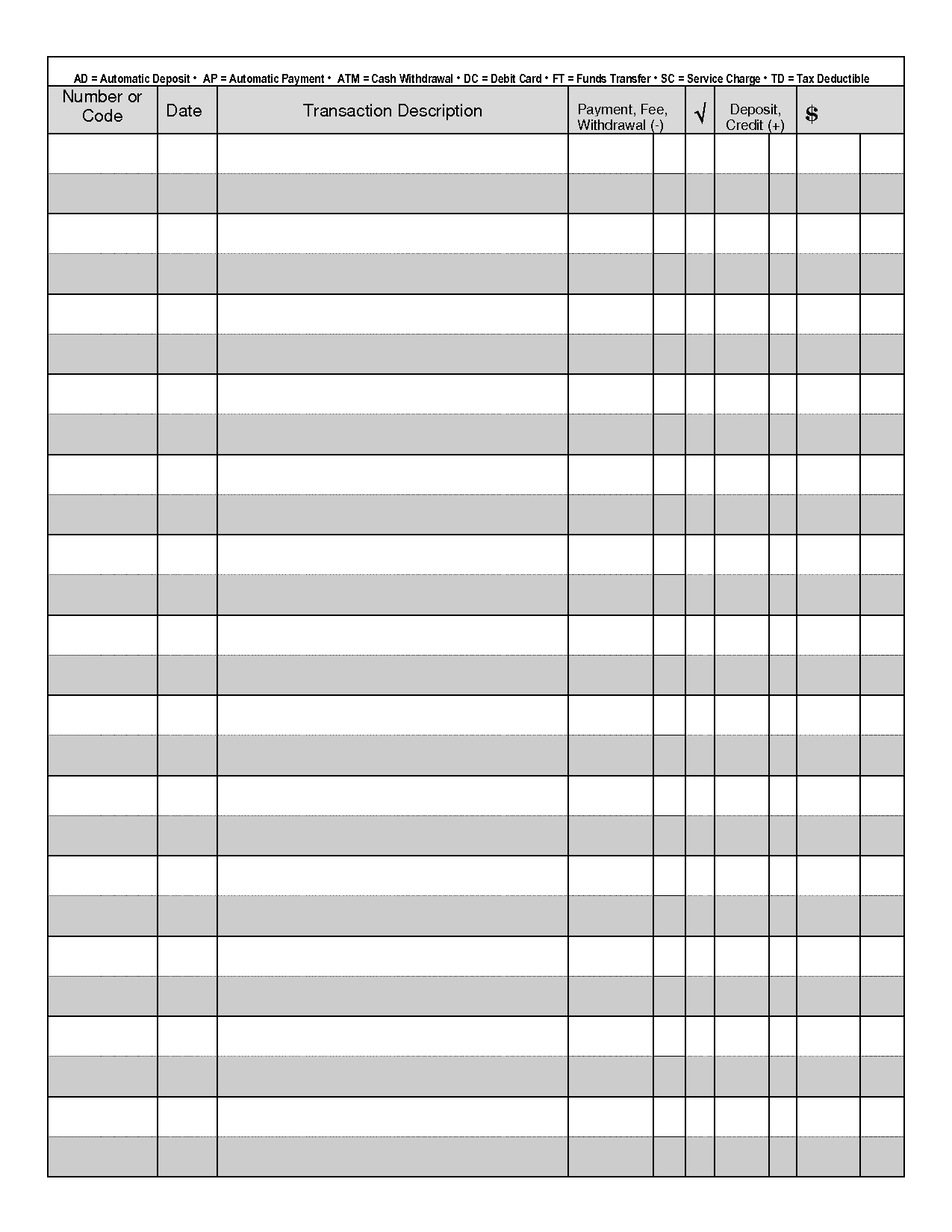 Printable Check Register