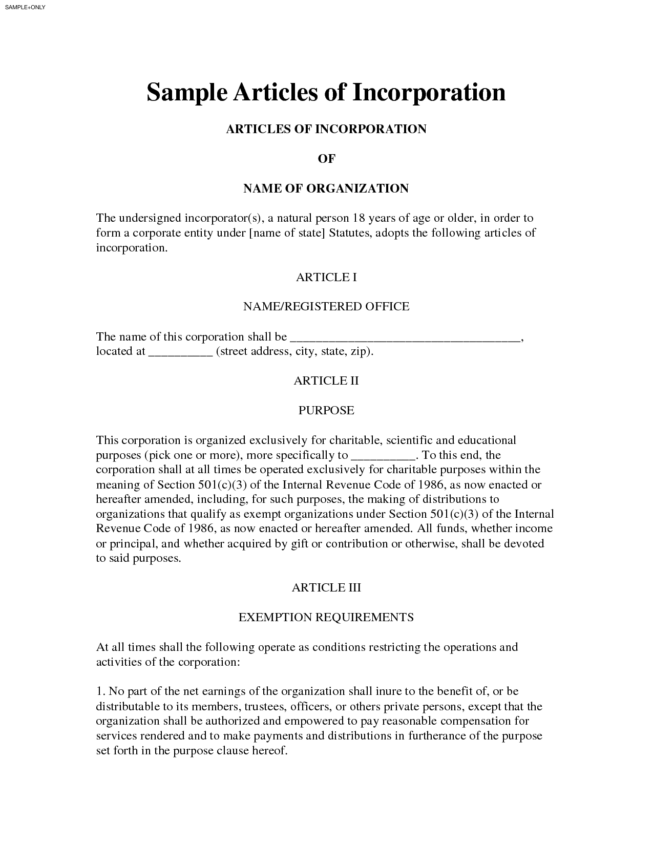 Articles of Incorporation Worksheet   Articles of Incorporation 