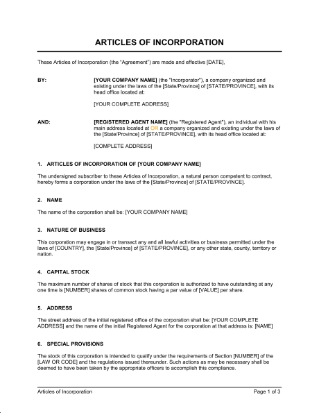 Articles Of Incorporation Template | Template Business
