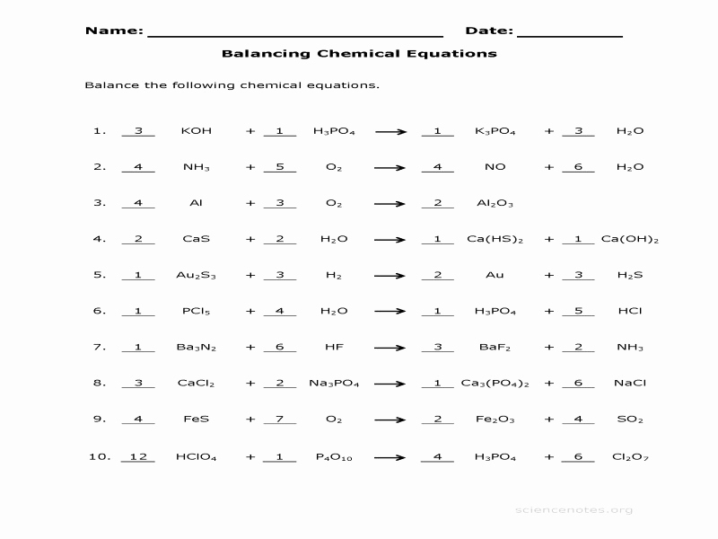 Balancing Chemical Equations Practice Worksheet With Answers The 