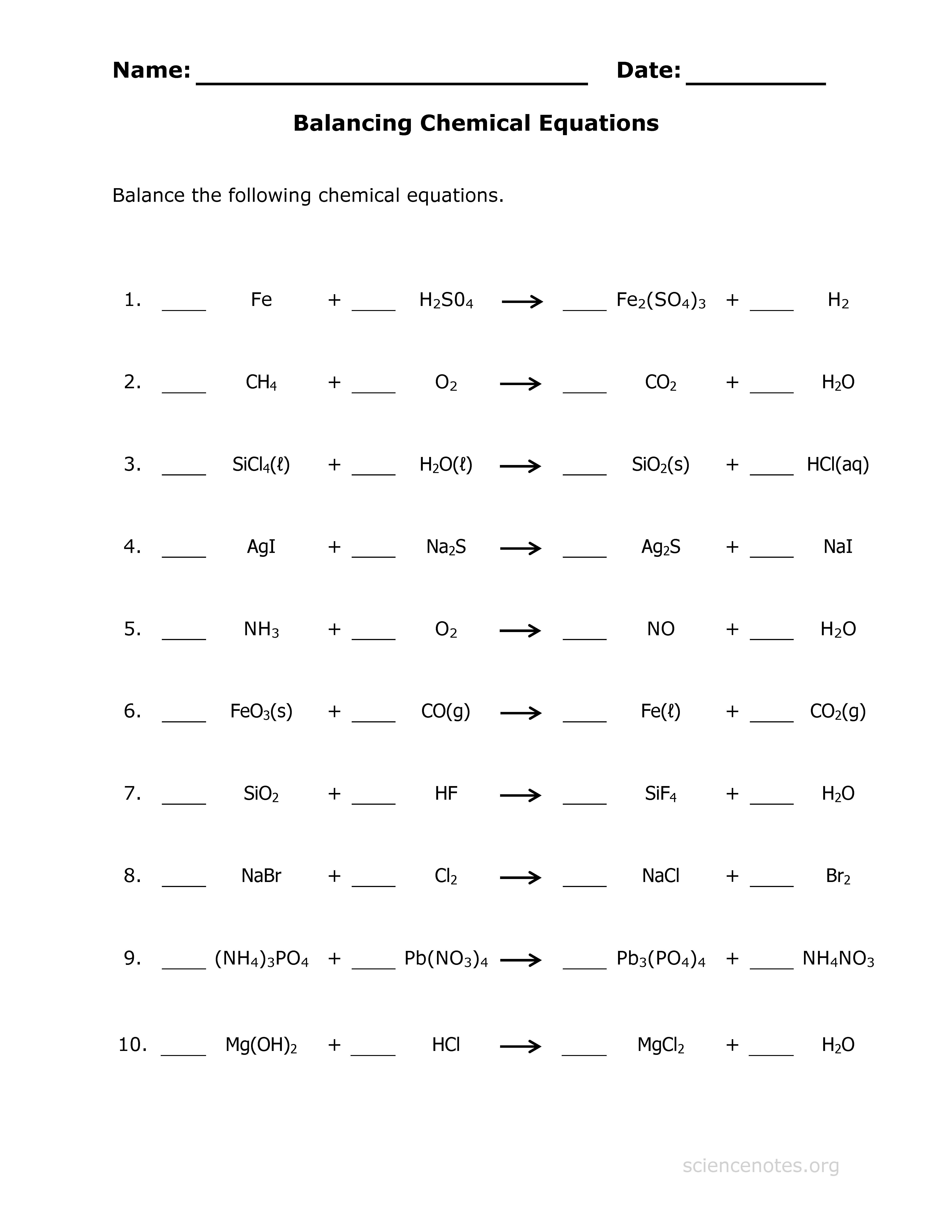 Collection of Worksheet balancing chemical equations pdf 