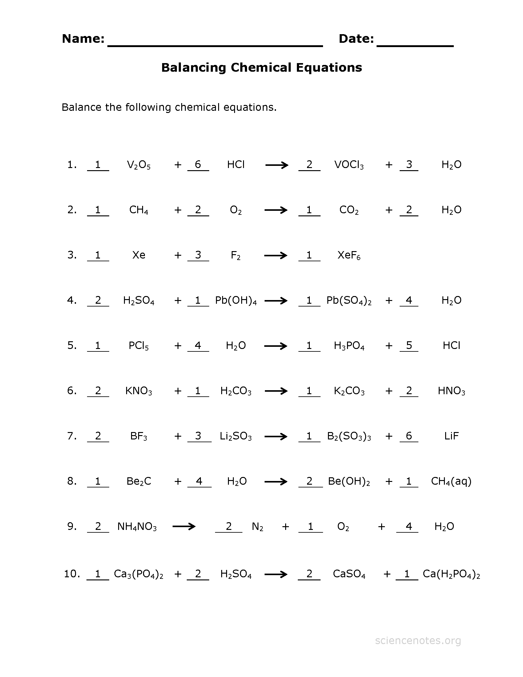 Balance Chemical Equations Worksheet Bio Example   cadrecorner.com