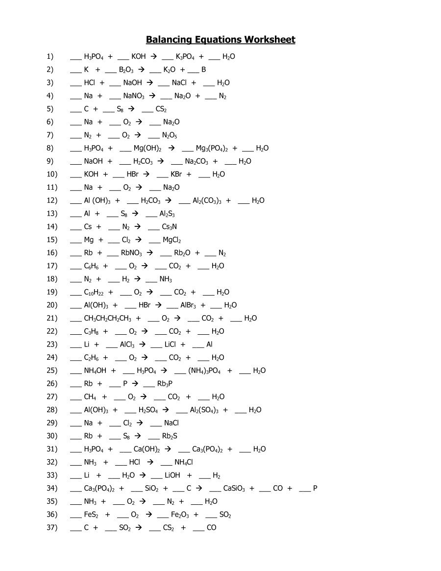 Balancing equations worksheet