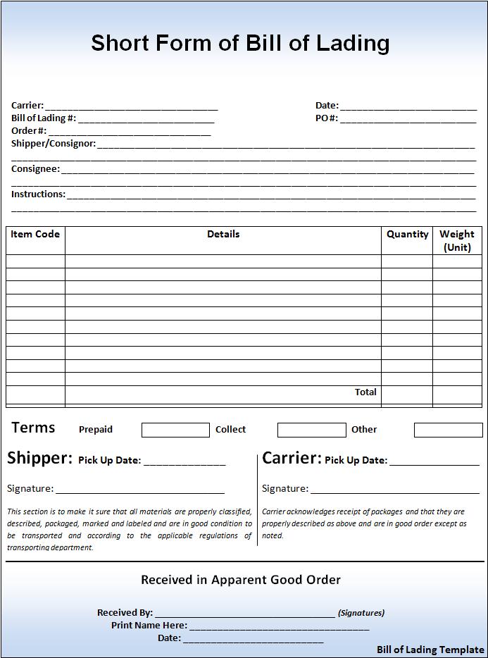 Bill of Lading Form Numbered NCR 3 part