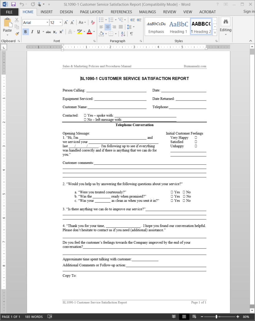 Customer Service Satisfaction Report Template | SL1090 1