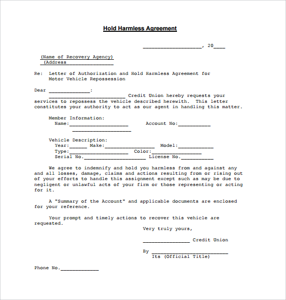 Example Document for Hold Harmless Agreement