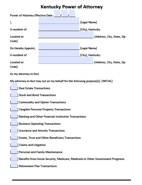 Blank General Power Of Attorney Form Free Kentucky Power Of 