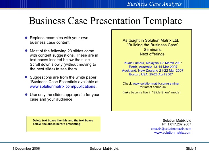Simple business case template for the example standart including 