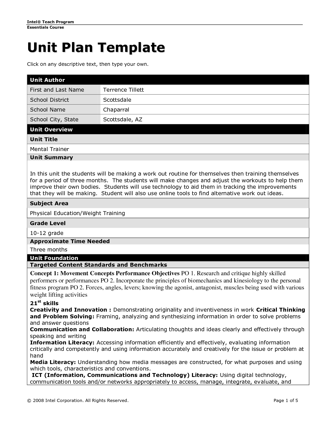 Unit plan template words