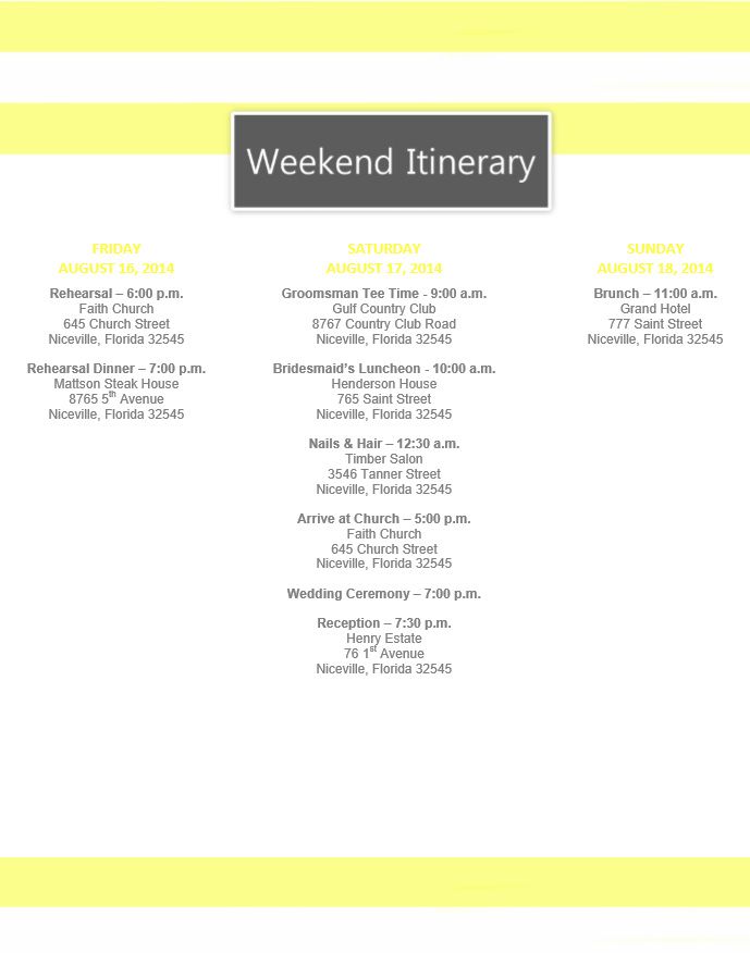Yellow Stripe Wedding Itinerary Template. Download template on 